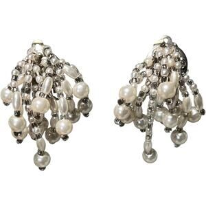 Vintage faux Pearl Beaded Chandelier Clip On Earrings Silver Tone Pair